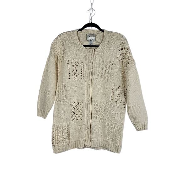 VTG Express Tricot Handknit Cardigan Cream L Patchwork Heart Cottagecore Minimal - Picture 4 of 12